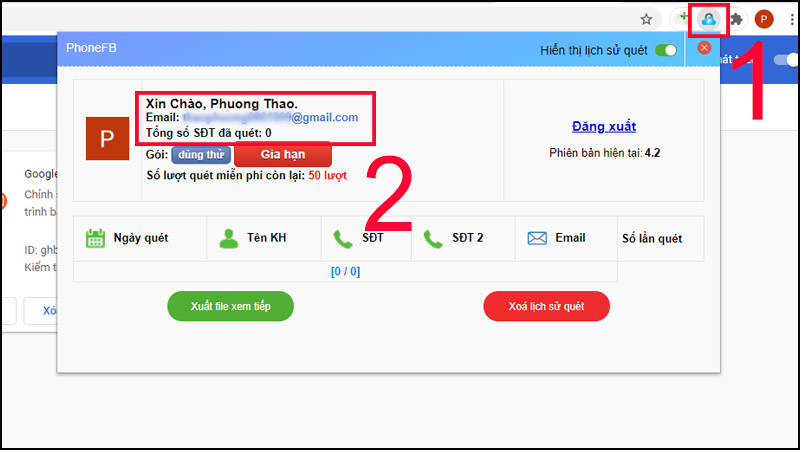 Nhấp lại biểu tượng quét email và hoàn thành việc lấy email.